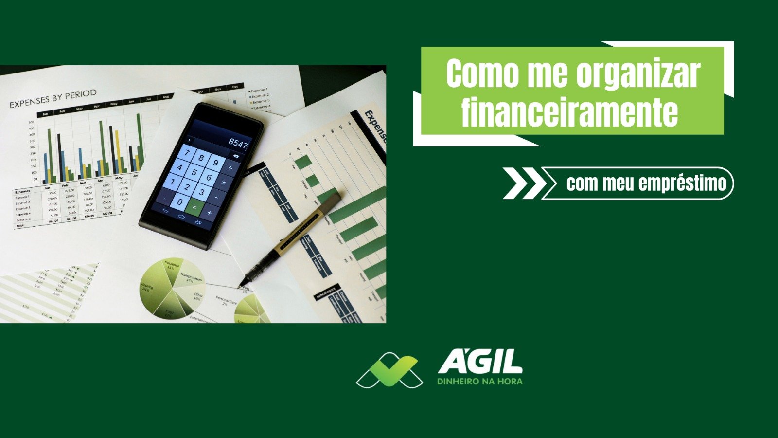 Imagem com gráficos financeiros, calculadora e caneta, representando planejamento financeiro e organização com apoio de empréstimo pessoal.